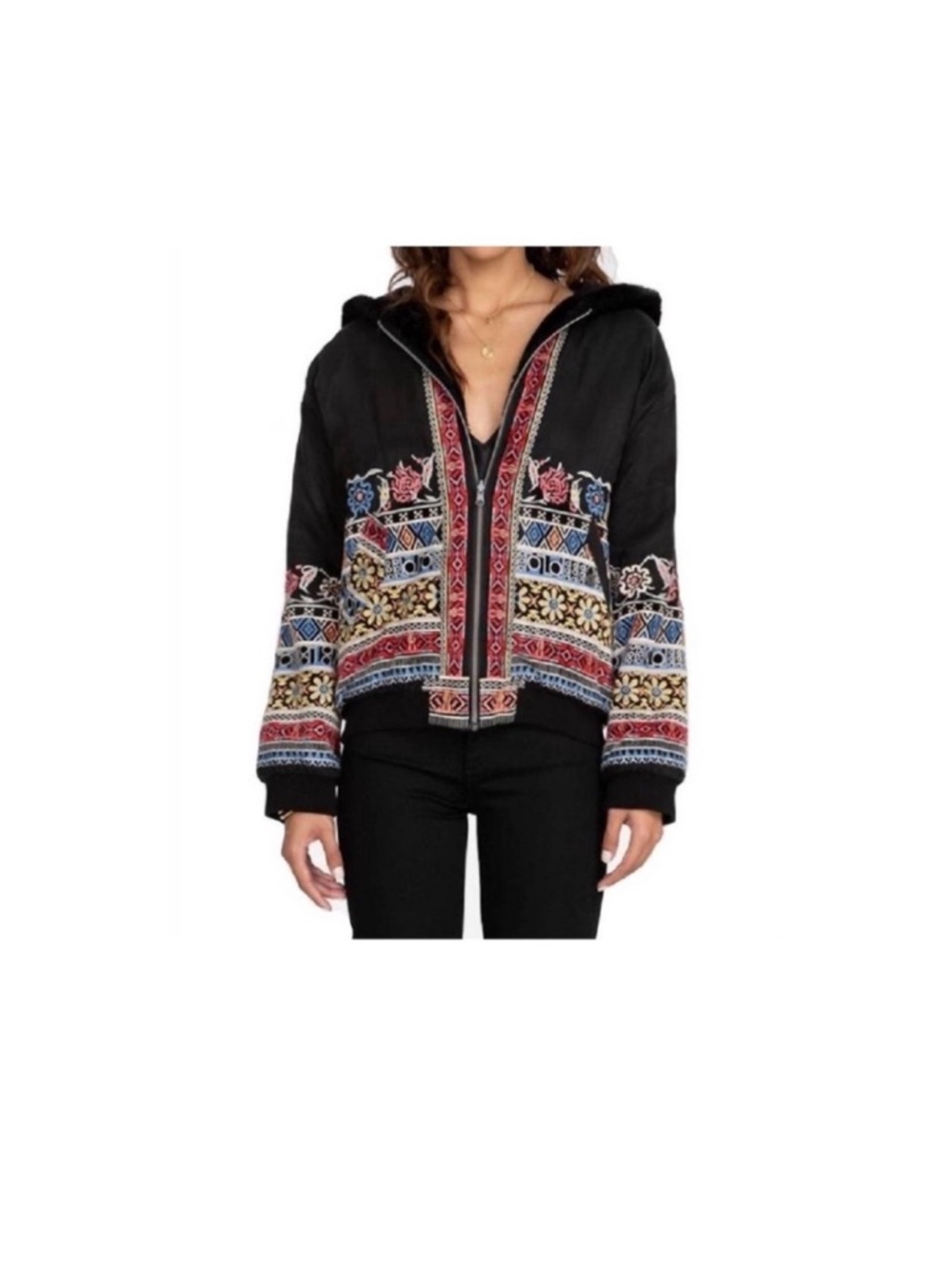LIKE NEW Johnny Was embroidered silk + faux fur reversible Malini bomber jacket